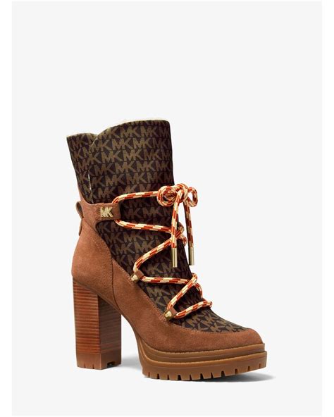 Michael Kors Brown Culver Logo Print Nylon And Nubuck Boot.